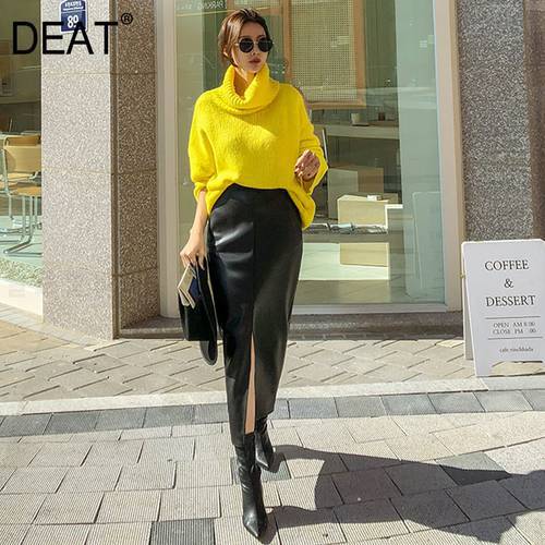 DEAT 2023 New Autumn Fashion Women PU Leather Skirt Solid Mid-calf Length Office Lady Wild Slim High Waist Split Elegant TX920