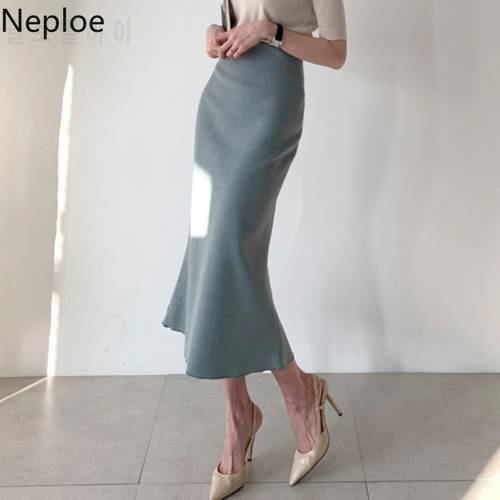 Neploe Office Lady Skirts Women Solid Zipper Fly Bodycon Skirts Ladies Fashion Casual Mid Calf High Waist Jupe Bottoms 1C092