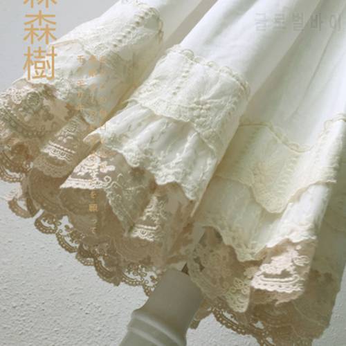 Japanese Mori Girl Multi Layer Lace Cotton Skirt Women White Fairy Embroidery Pleated Princess Underskirt Kawaii Skirt A285-1