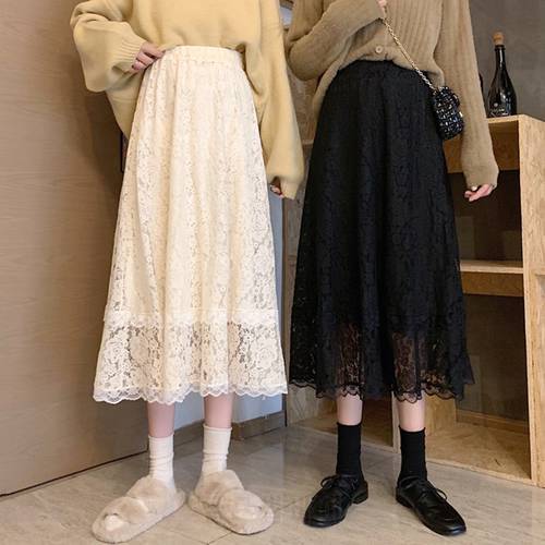 Korean Style Black White Lace Midi Skirt Women Fashion 2022 Spring winter Korean Cute Elegant Office A-line Skirt Female Lady