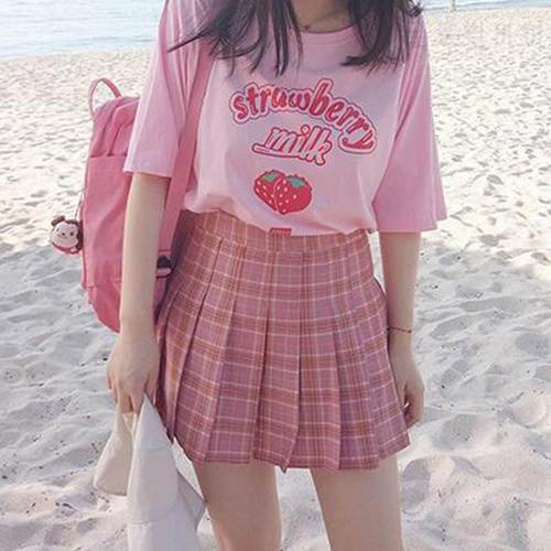 Strawberry Milk Cute Cartoon Sweet Girl Pink Graphic Summer Streetwear Casual Top Y2K E-Girl Kawaii Casual Vintage Women T-Shirt