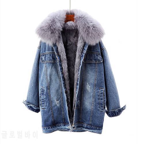 Winter Thick Warm Denim Jacket Women Fox Fur Collar Rabbit Fur Liner Jeans Jacket Casual Loose 6 Color Short Outwerear Female