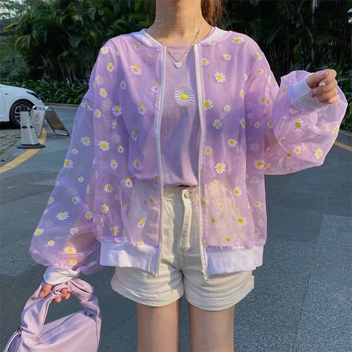 2022 New Korean Style Loose Flower Printed Thin Jacket Sunscreen Women Long Sleeve Casual Sunscreen Jacket Veste Femme