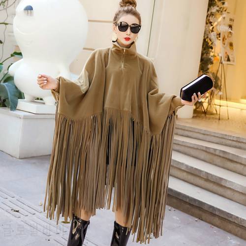 [EWQ] 2023 Spring Women Overcoat New Fashion Streetwear Batwing Sleeve Faux Mink Cashmere Tassel Cloak Coat Poncho 16N-a21-0