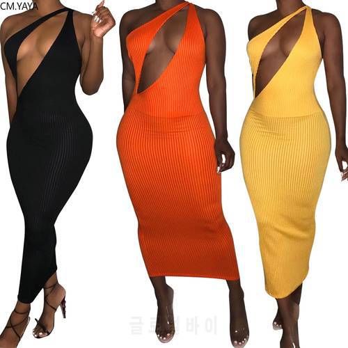 Women Cut Out Front One Shoulder Sleeveless Skew Neck Knitted Long Midi Bodycon Dress Night Club Party Dresses Vestidos