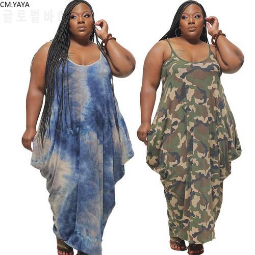 CM.YAYA Plus Size XL-5XL Women Tie Dye Camouflage Print Spaghetti Strap Tie Up Loose Maxi Dress Streetwear Long Dresses Vestidos