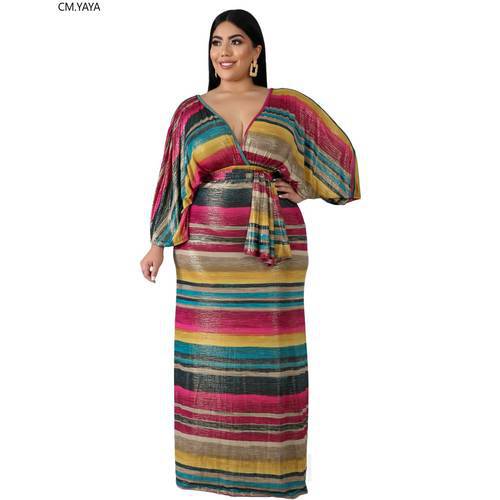 CM.YAYA Autumn Plus Size XL-6XL Women Rainbow Striped Print V-neck Batwing Sleeve Bodycon Midi Maxi Long Dress Vestidos