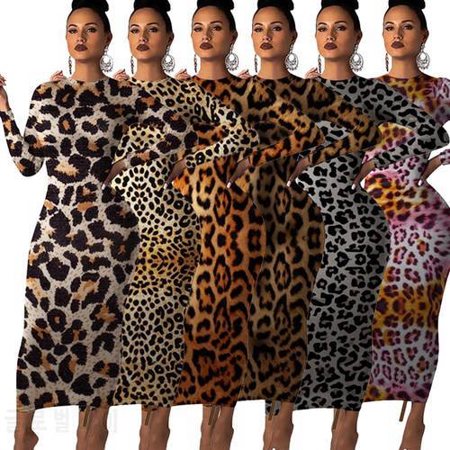 2019 Autumn Women Leopard Print Long Sleeve O-neck Bodycon Midi Maxi Dress Female Club Night Party Long Dresses Vestidos
