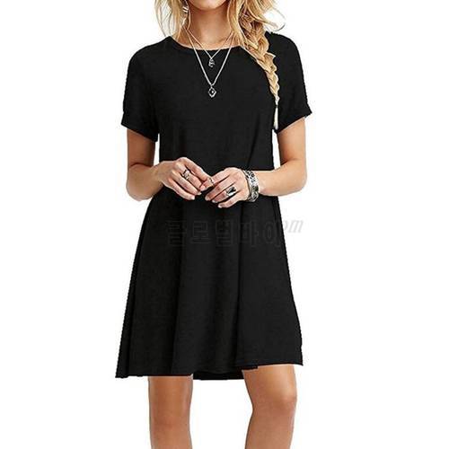 Womens Summer Plus Size T-Shirt Dress Short Sleeves Midi Swing Plain Solid Color Crew Neck Casual Loose Pullover Tunic Tops