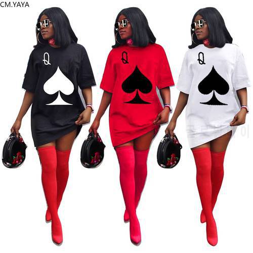 CM.YAYA Women Active Wear Short Sleeve Spade Q Print O-neck T-shirts Dress Vestidos Classic Fashion Tee Dresses
