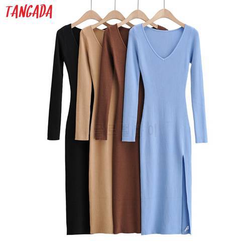 Tangada fashion women solid elegant v neck sweater dress long sleeve ladies side open midi dress 4P20