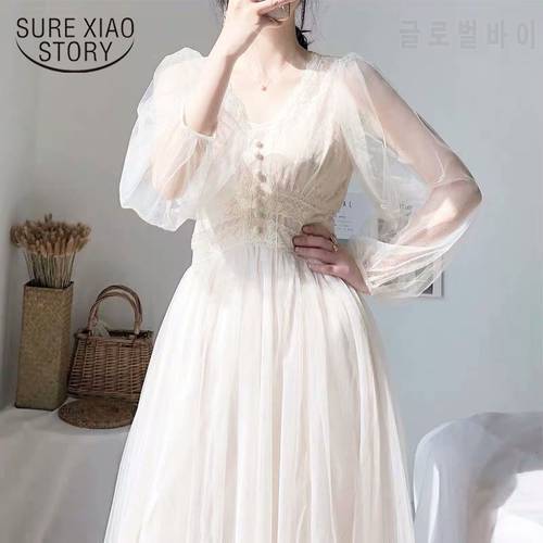 2023 Women Spring New Dress Vintage Elegant with Button A-Line Dress Solid Puff Sleeve Lace Voile Mesh Dress Women Vestidos 8126