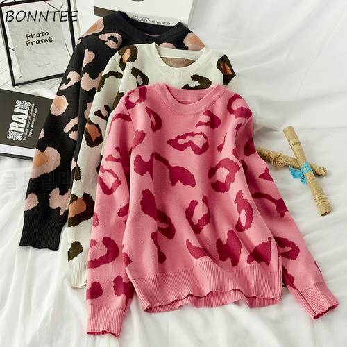 Sweaters Women Printed Leopard Pink Sweet New Knitted Warm Chic Womens Pullover All-match Casual Soft High Quality Daily Ulzzang