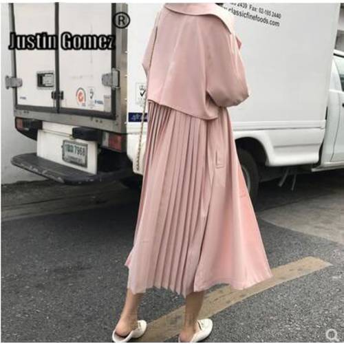 New 2019 Pink Khaki Women Pleated Trench Coat casual Loose Patchwork Long Windbreaker oversized Women Overcoat