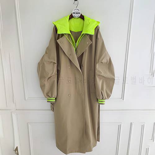 [EWQ]2023 Tide Autumn New Hooded Trench Coat Korean 1 Khaki Long Coat Female Trenchcoat Overcoat Hot Sell Fall Clothes