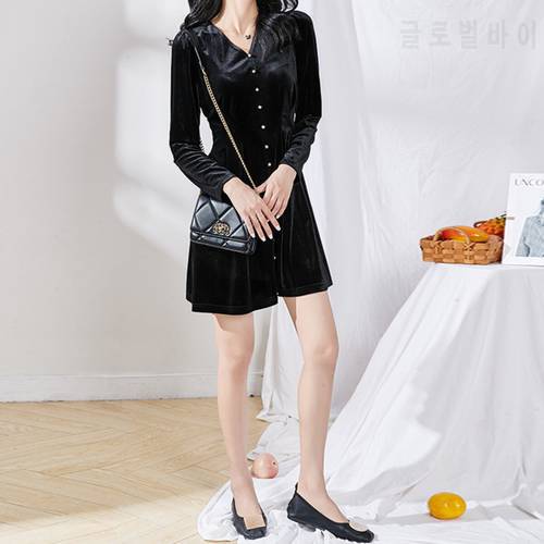 Winter Long Sleeve Velvet Dress For Women Autumn Casual A-line Pleated Office Dress Button Up Female Solid Mini Party Vestidos