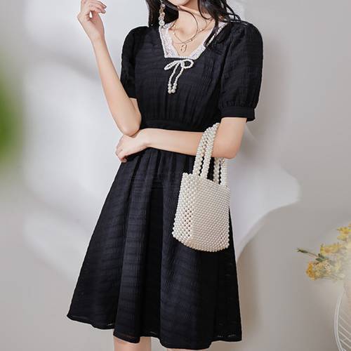 Black V Neck Puff Sleeves Lace Pearl Cocktail Dress Women Short Sleeve Bow Tie Front Elegant Party Dresses Женское Платье