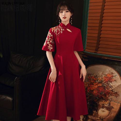 Fashion Cocktail Dress Elegant Appliques Cheongsam Chinese Style Party Gowns Pregnant Women Burgundy Homecoming Dresses Vestidos