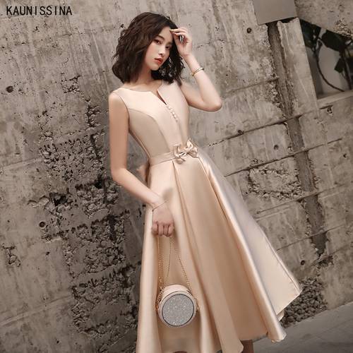 Women Cocktail Dresses Party Dress Tea-Length Elegant Bowknot Sleevesless A-Line Prom Vestido Homecoming Champagne Dress