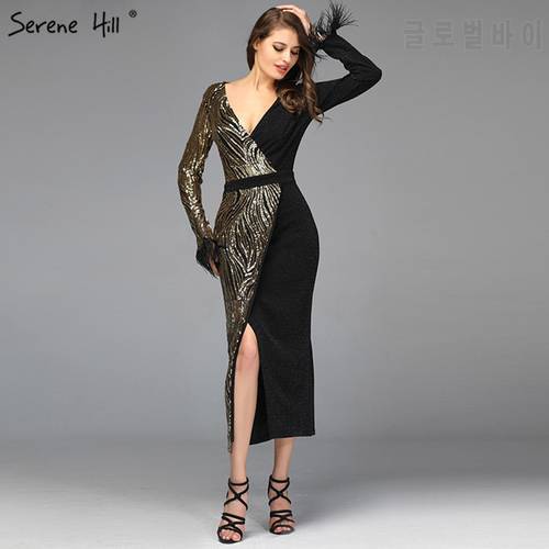 Black Sequined V-Neck Mermaid Cocktail Dresses 2021 Long Sleeves Tea-Lenght Cocktail Dress Design Serene Hill QA8040