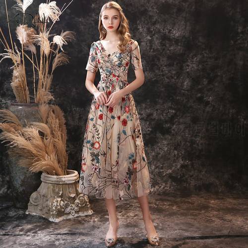 ADLN Vintage Tea-length Party Dress Embroidery Lace Formal Gown with Sleeves A-line Bohemian Cocktail Dress