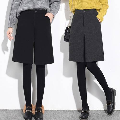 Knee Length New Autumn Winter Wool Shorts Women Korean Pockets High Waist Wide Leg Shorts Femme Casual Loose Boots Shorts