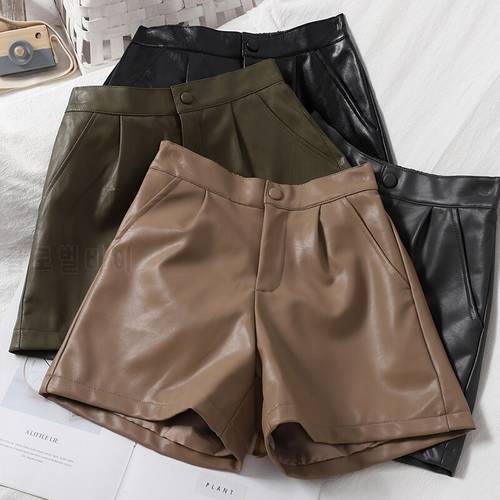 Autumn Winter new korean fashion women&39s high waist solid color PU leather wide leg plus size shorts boot cut shorts SMLXL