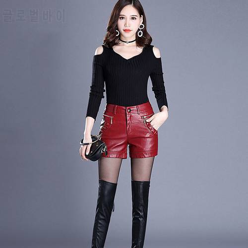 2020 Newnew winter pu leather shorts women boots high waist fashion shorts female black leather shorts plus size red and black