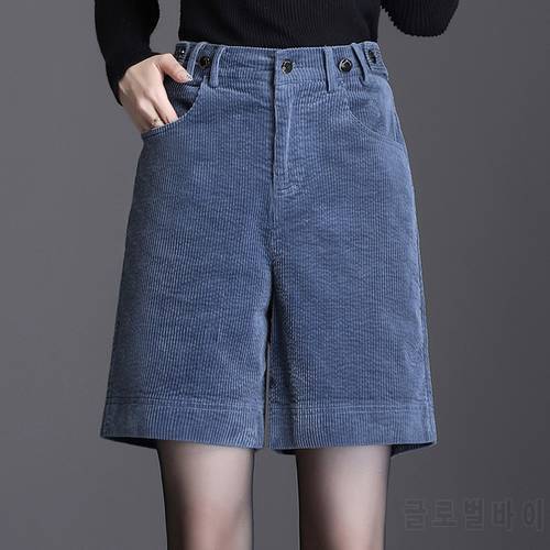 Winter Fall Casual Women Female Elastic High Waisted Blue Beige Black Corduroy Shorts , Korean Fashion 4xl Shorts for Woman