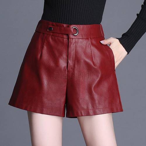 Spring Fall Fashion Women Elastic High Waisted Pu Leather Wide Leg Shorts , 2017 Female Ladies Casual Wine Red Black Shorts