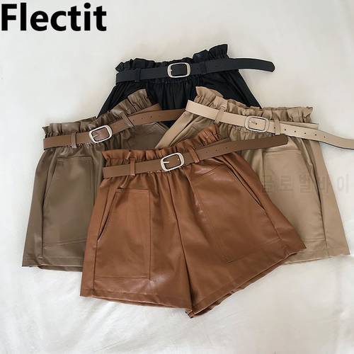 Flectit Women Paperbag Leather Shorts With Belt Front Pocket Fall Winter Faux Leather Wide Leg High Waist Shorts Khaki Outfit *