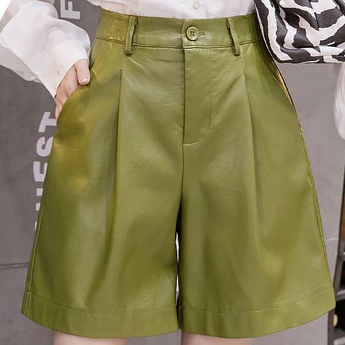 Shintimes Pu Leather Shorts High Quality Wide Leg Faux Leather Shorts High Waist 2020 Autumn Plus Size Loose Short Pants Women