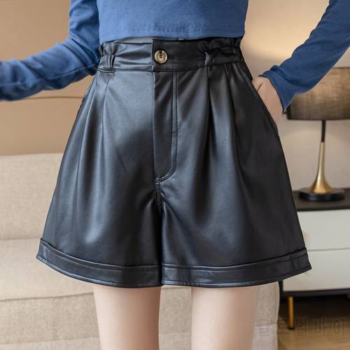 2022 Autumn Winter New Pu Leather Shorts Women Elastic Waist Fashion Loose Wide Leg Korean A-line Leather Trousers Boost Female