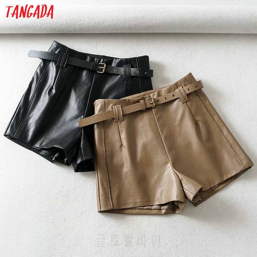 Tangada women brown pu leather skirt shorts with belt zipper female high waist ladies casual shorts 1Y07