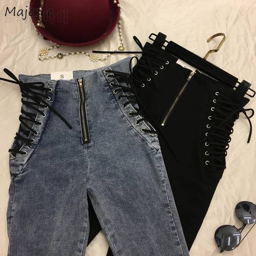 Jeans Women Skinny High-waist Lace-up Zipper Pockets Straight Casual Student Daily Womens Elegant New Fashion Trousers Lady HOT