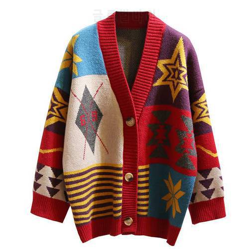 Women Long Sweater and Cardigans Knit Jackets Oversized Sweaters Geometric Single Breasted Loose Female Cardigans 2019 Winter