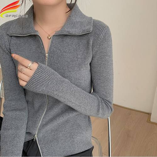 New 2022 Spring Zipper Up Tops For Women White Black Gray Yellow Color Ribbed Women Cardigan Sweater Long Sleeve Sweaters