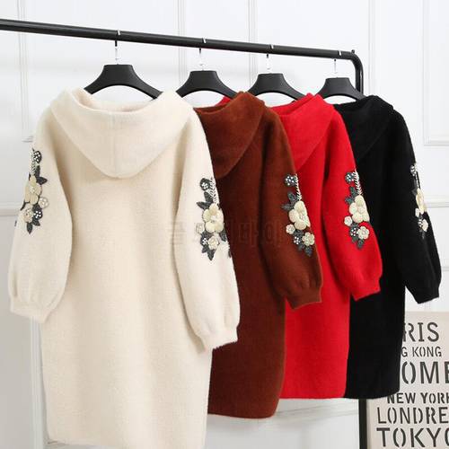 2019 Autumn Winter Women Cardigan Knit Sweater Embroidery Beading Long Trench Coat Thick Hooded Casual Outerwear Large Size 5XL