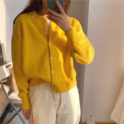 Autumn and Winter Korean cardigan O Neck Solid Color Long-Sleeve Cardigan Sweater Short Loose Full Sweater Knitted Jacket Women