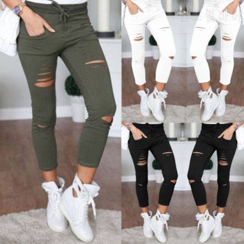Fashion Streetwear Women Leggings Ladies Stretch Faded Ripped Slim Fit Skinny Denim Jeans Pants New