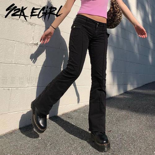 Y2K EGIRL Indie Aesthetics Slim Flare Pants with Pockets Vintage 90S Solid Low Waist Black Pants Casual Trousers Autumn Fashion