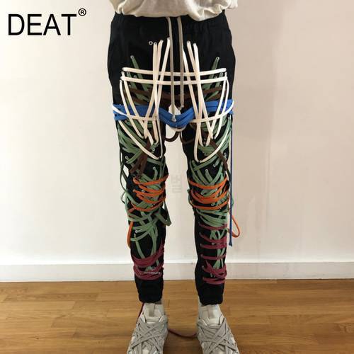 DEAT 2023 Autumn Elastic Drawstring Cross Full Length Slim Feet High Street Pants Trousers And Single Breasted jackets WN151