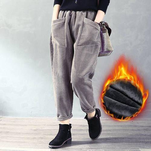 Women&39s Winter Pant Big Pocket Ankle-Length Vintage Black Pants High Waist Women Mom Big Size Thickening Warm Casual Trousers