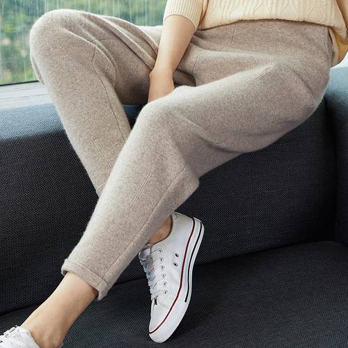 Women Pants 2020 New Autumn and Winter Soft Comfortable High-Waist Knitted 100% Cashmere Knitted Pants Female Elastic Thicken Pa