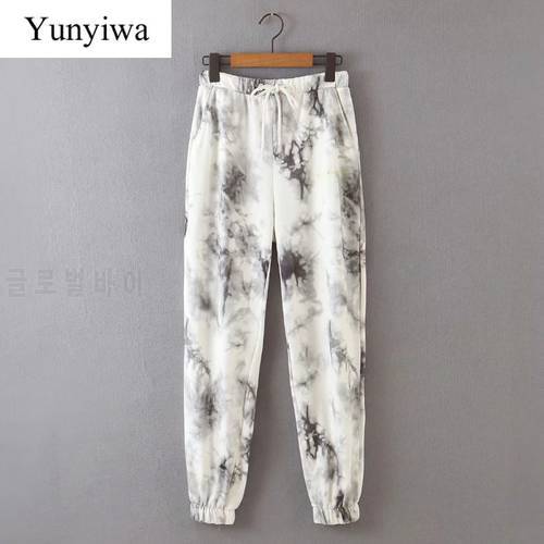 New Women vintage ink tie dyed painting jogging pants chic female elastic waist casual pantalones mujer bow trousers P824