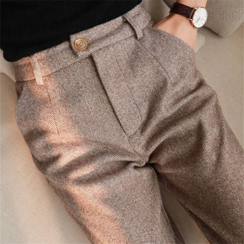 Herringbone Woolen Pants Women&39s Harem Pencil Pants 2022 Autumn Winter High Waisted Casual Suit Pants Office Lady Women Trousers
