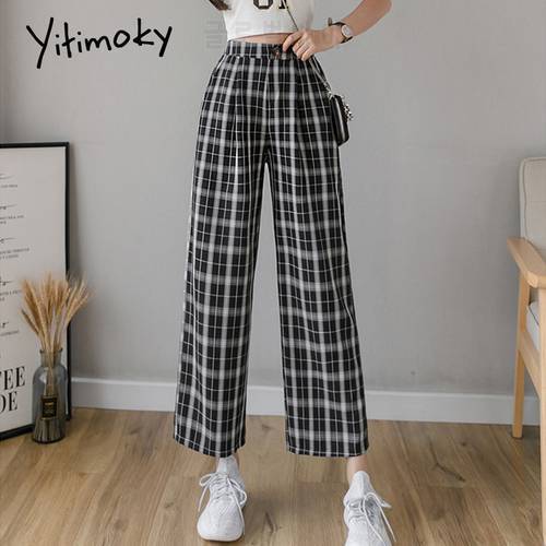 Yitimoky Vintage Plaid Pants Women High Waist Fashion Wide Leg Casual Female Trousers 2022 Summer Joggers Clothes Streetwear