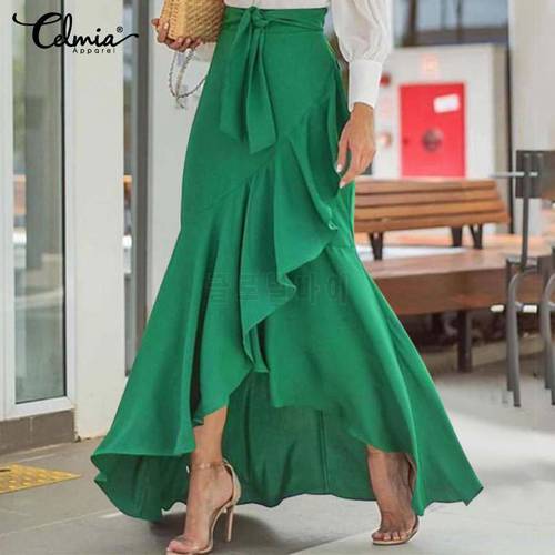 Celmia Long Skirt 2022 Fashion Women Fishtail Maxi Skirts High Waist Belted Party Jupe Sexy Casual Loose Holiday Ruffles Skirts