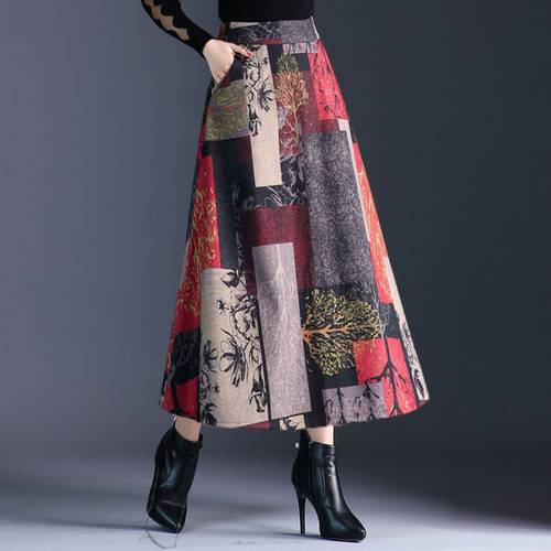 Autumn Winter A-line Long Skirts Womens Maxi Skirt Female High Waist Warm Skirt Elegant Office Lady Printing Plaid Skirt