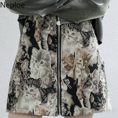 Neploe Fashion High Waist Hip A Line Skirt Retro Cat Embroidery Print Jupe Femme Autumn Spring Outwear Zipper Faldas Mujer 48683